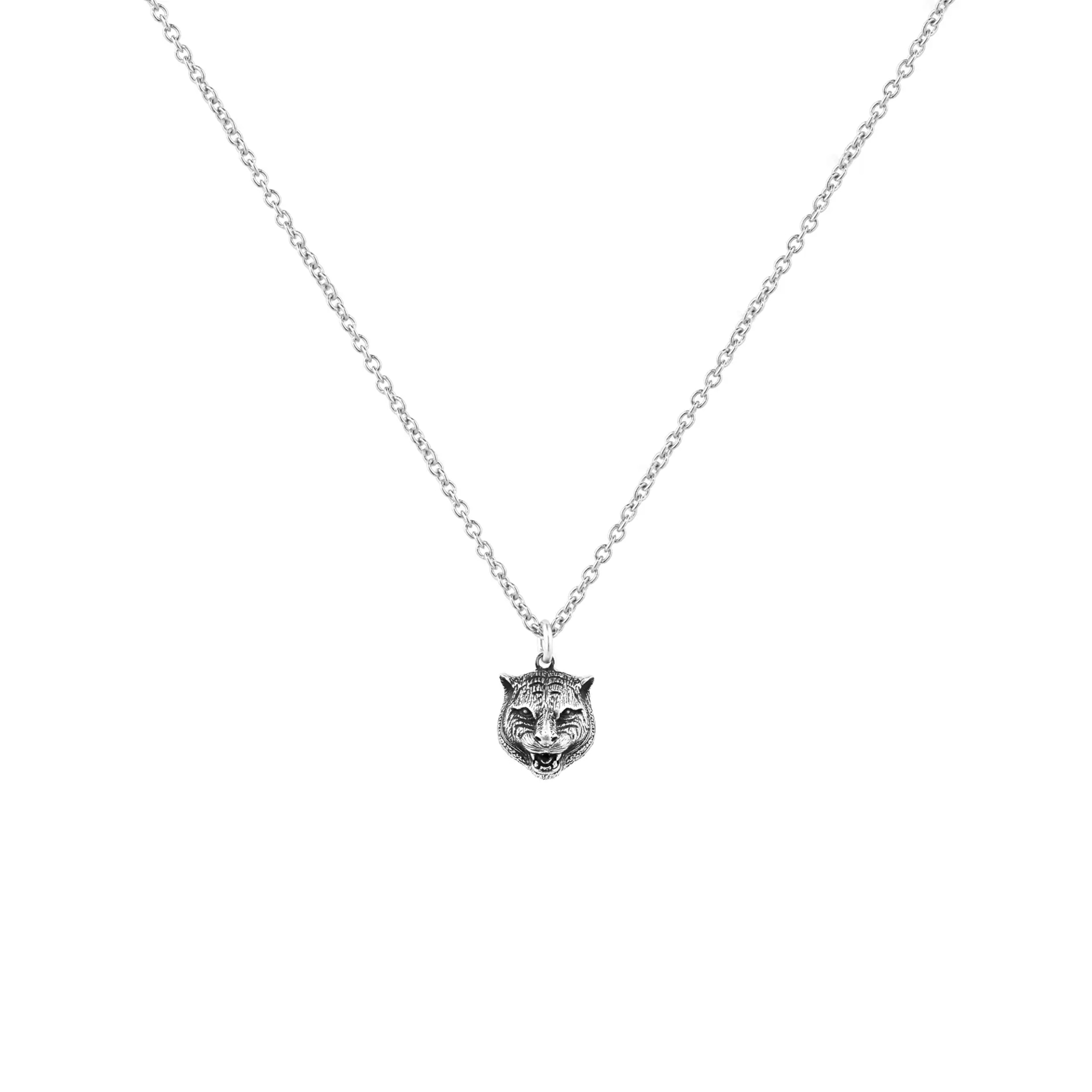GUCCI ANGER FOREST FELINE HEAD DARK FINISH SILVER NECKLACE 433608